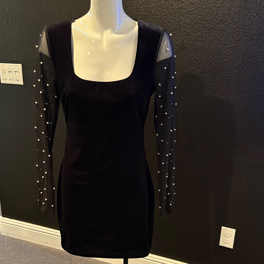 City Studio Black Dress with Sheer Pearl Sleeves